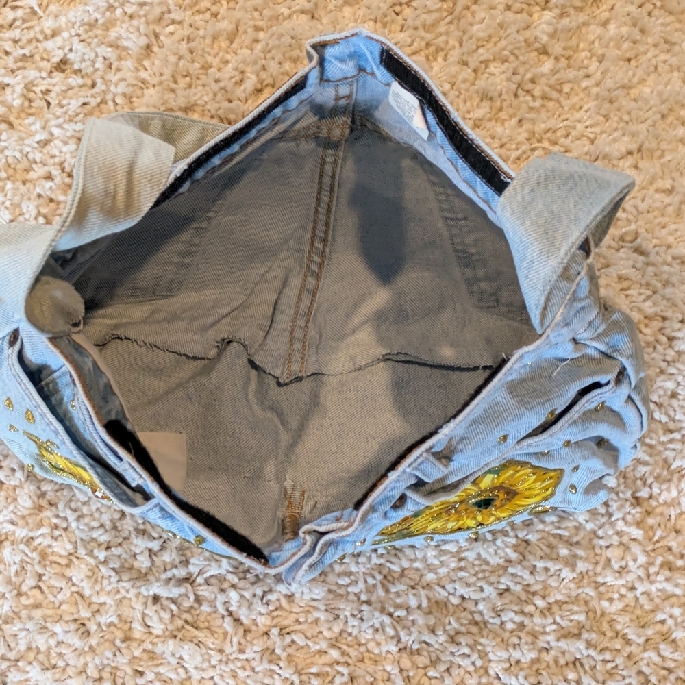Repurposed Levi Jeans Denim Crossbody/Shoulder Bag Sunflowers - Picture 6 of 8